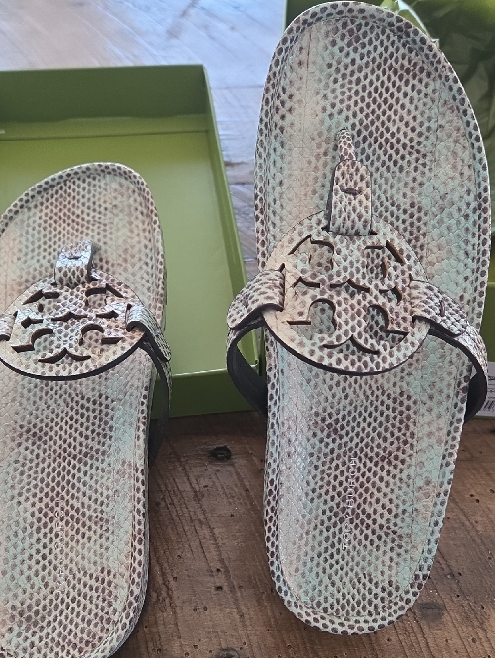 Tory Burch Mint and Beige Snake-Embossed Logo Sandals Authentic